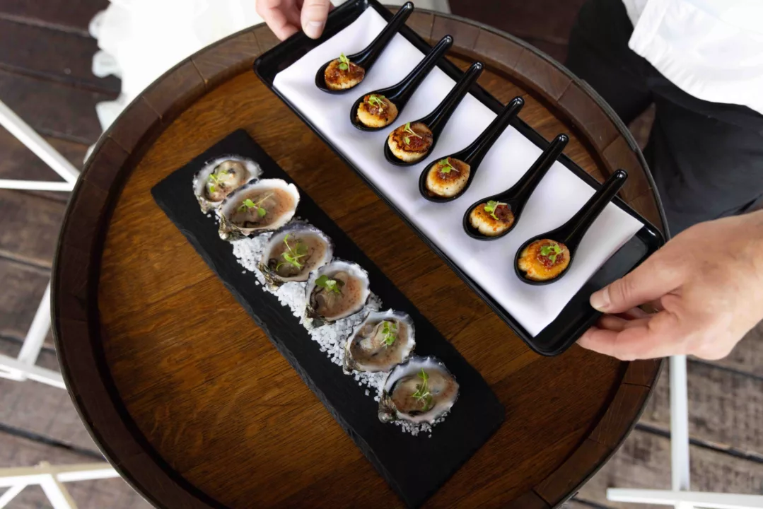 Canapes served on wine barrel