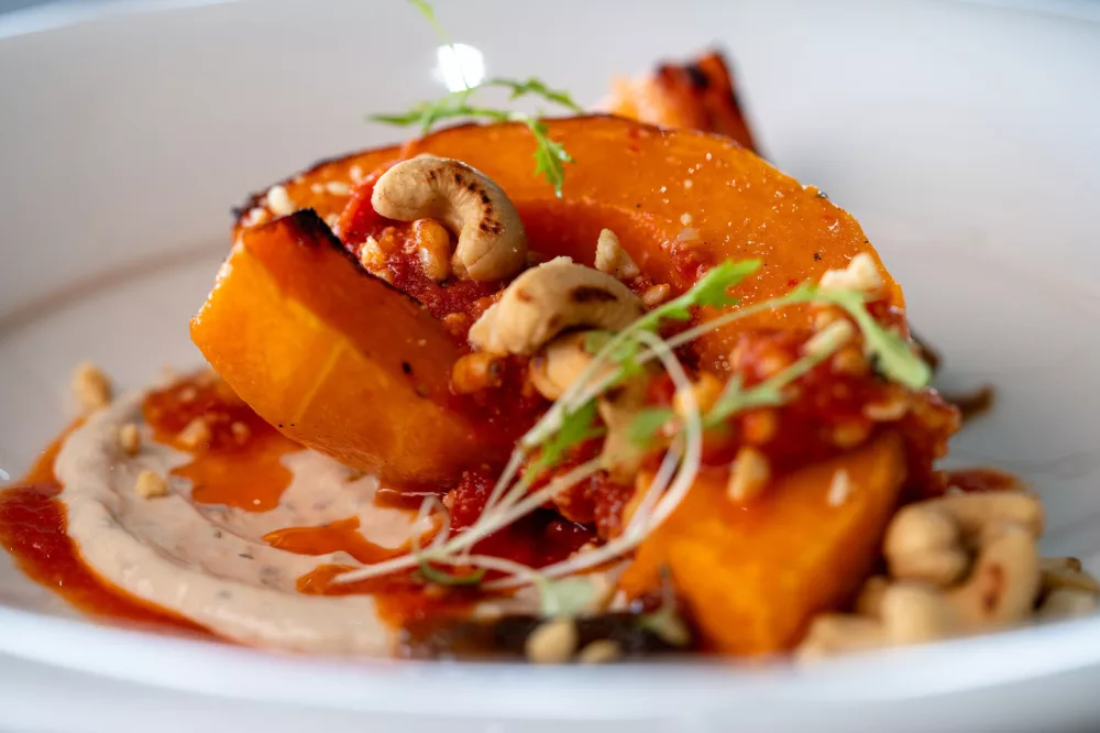 Close up of a vegetarian pumpkin dish with cashews and sprouts for garnish