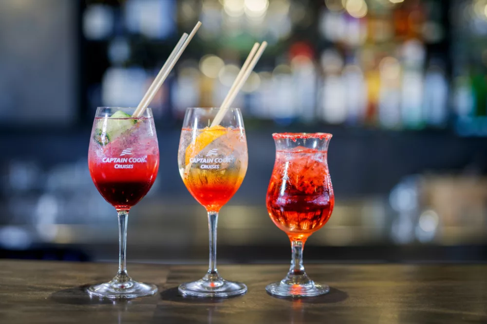 Cocktail drinks glasses on bar