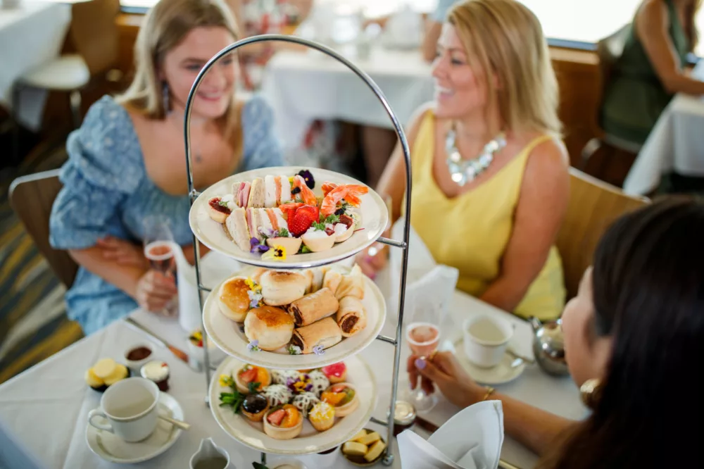 High Tea at Sea tiered food platter prawns strawberries from top