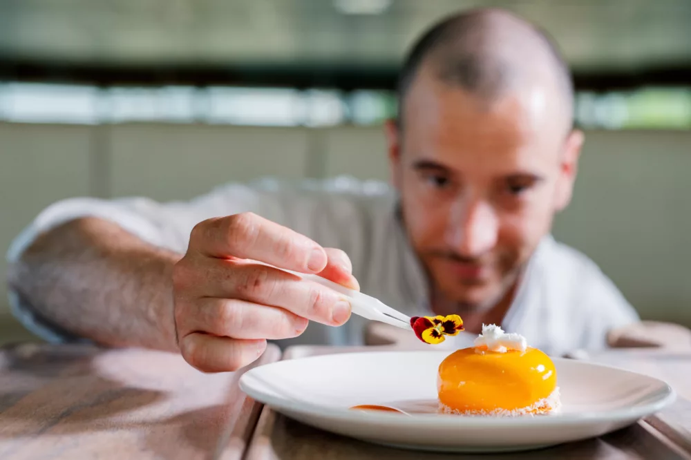 Chef preparing food plate, dessert for dinner, lunch, premium