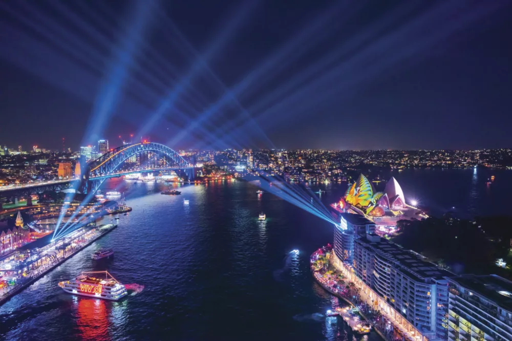 Aerial view from Circular Quay during Vivid night lights Opera House and Sydney 2000