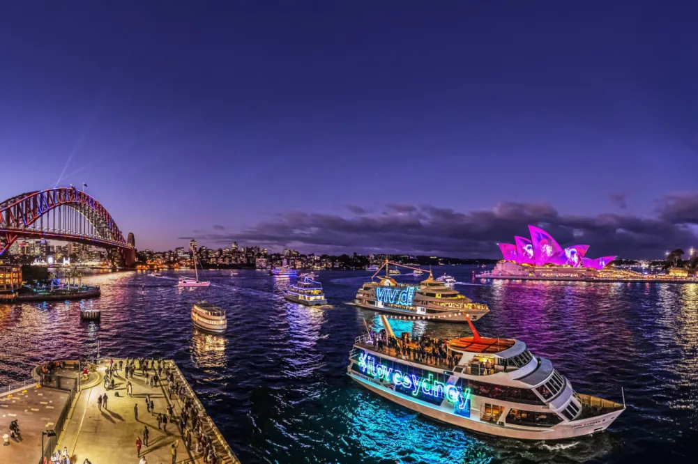 Pano shot of John Cadman 2 at Circular Quay during Vivid special event at sunset non-ccc dnsw