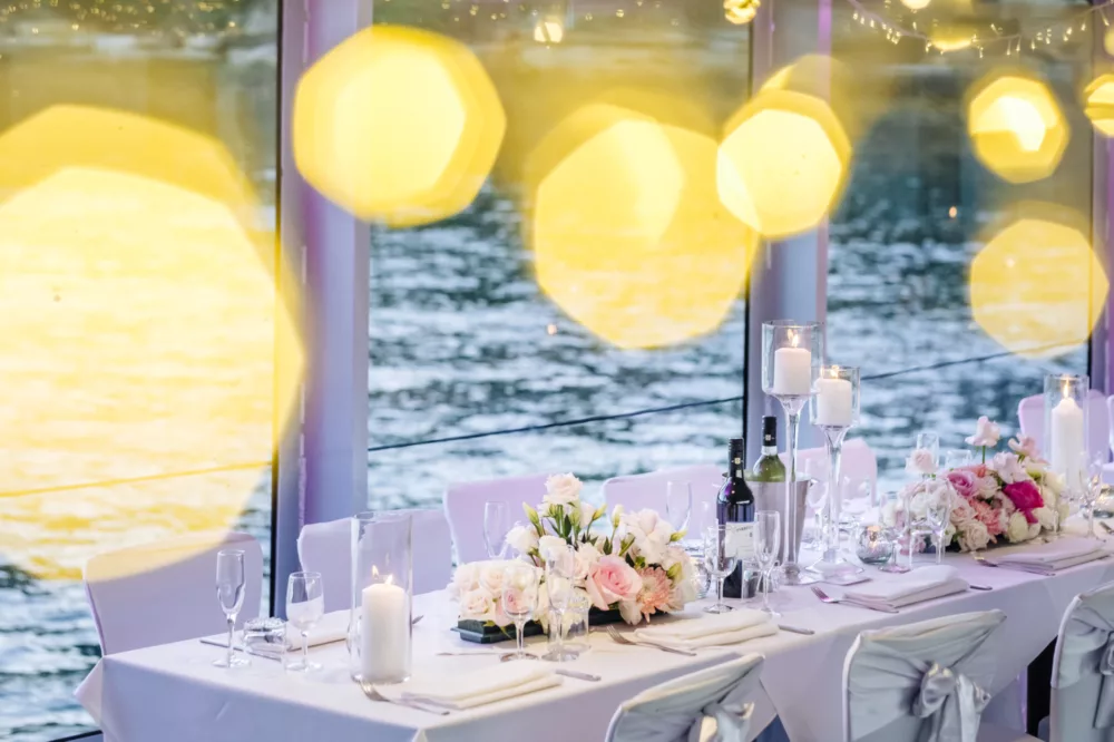 Captain Cook 3 boat wedding charter dining set up
