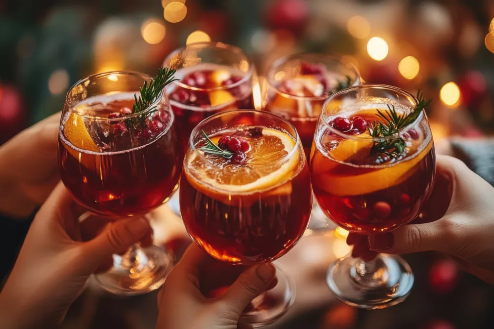 Friends clinking glasses filled with festive cranberry and orange cocktails. Warm lighting and cozy atmosphere.