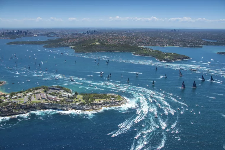 Aerial shot of Sydney to Hobart yacht race outside the heads on Boxing Day non-ccc dnsw special event sail