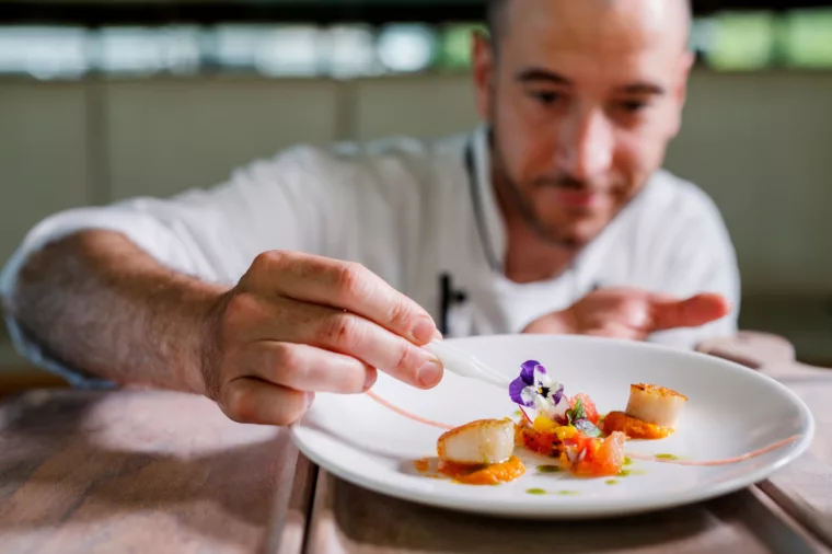 Chef preparing food plate, scallops for gold dinner lunch premium dining