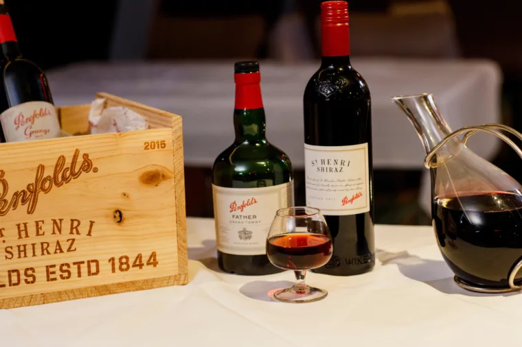 Gold Penfolds Dinner wines and port glass with St Henri Dine and Drink
