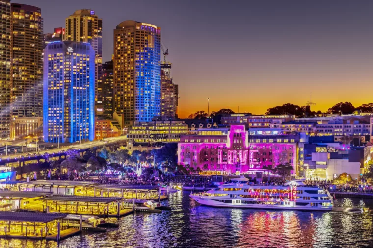 Sydney 2000 at Circular Quay during Vivid special event at sunset night CBD non-ccc dnsw