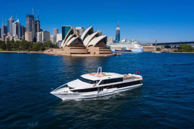 Captain Cook 3 aerial CC3 boat hero shot with Opera House in the background during the day