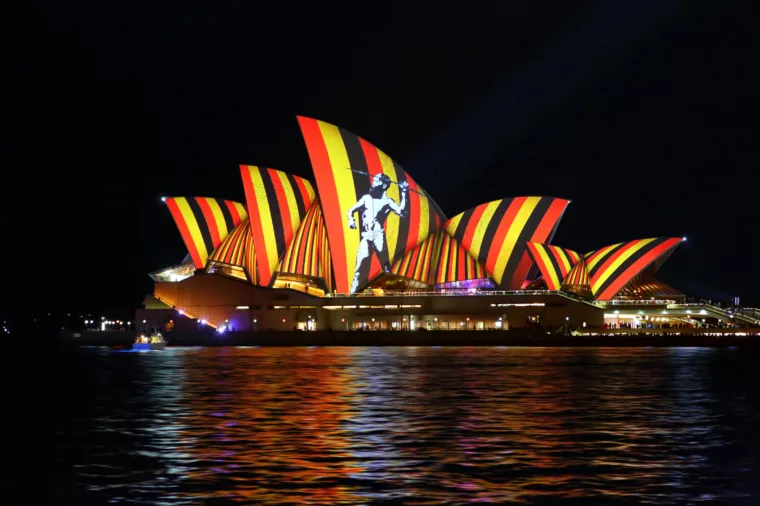 Aboriginal Flag Opera House Vivid Sydney - stock