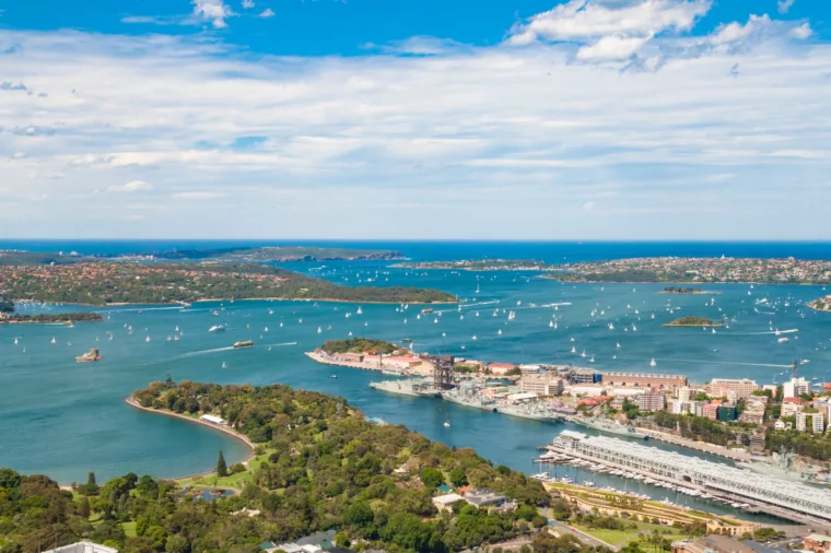 Sydney Harbour aerial looking towards the Pacific Ocean - stock
