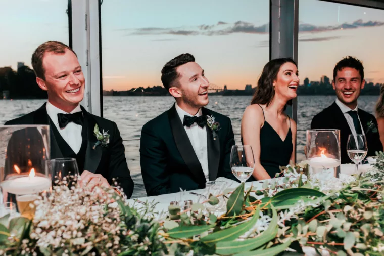 Wedding charter grooms table with decorations and sunset in the background charters non-ccc haworths