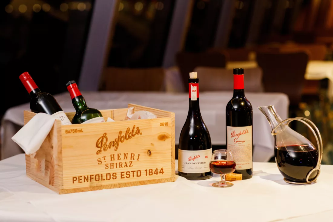 Gold Platinum Penfolds Grange Dinner wines and port glass on Sky Deck