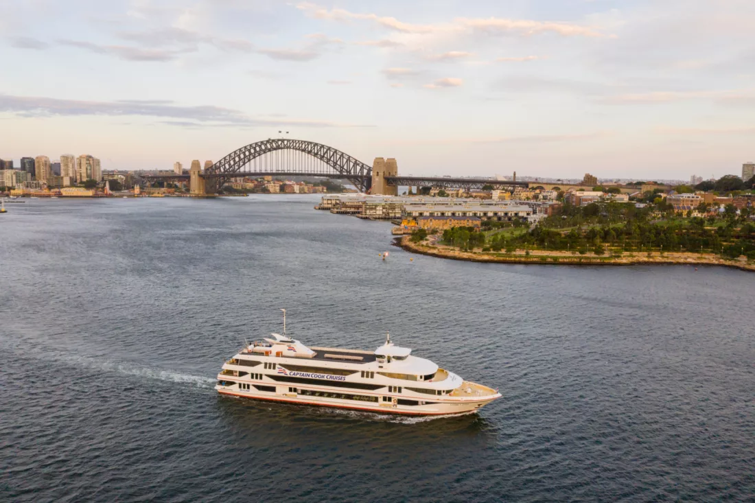 Sydney 2000 boat cruising past Barangaroo during the day S2