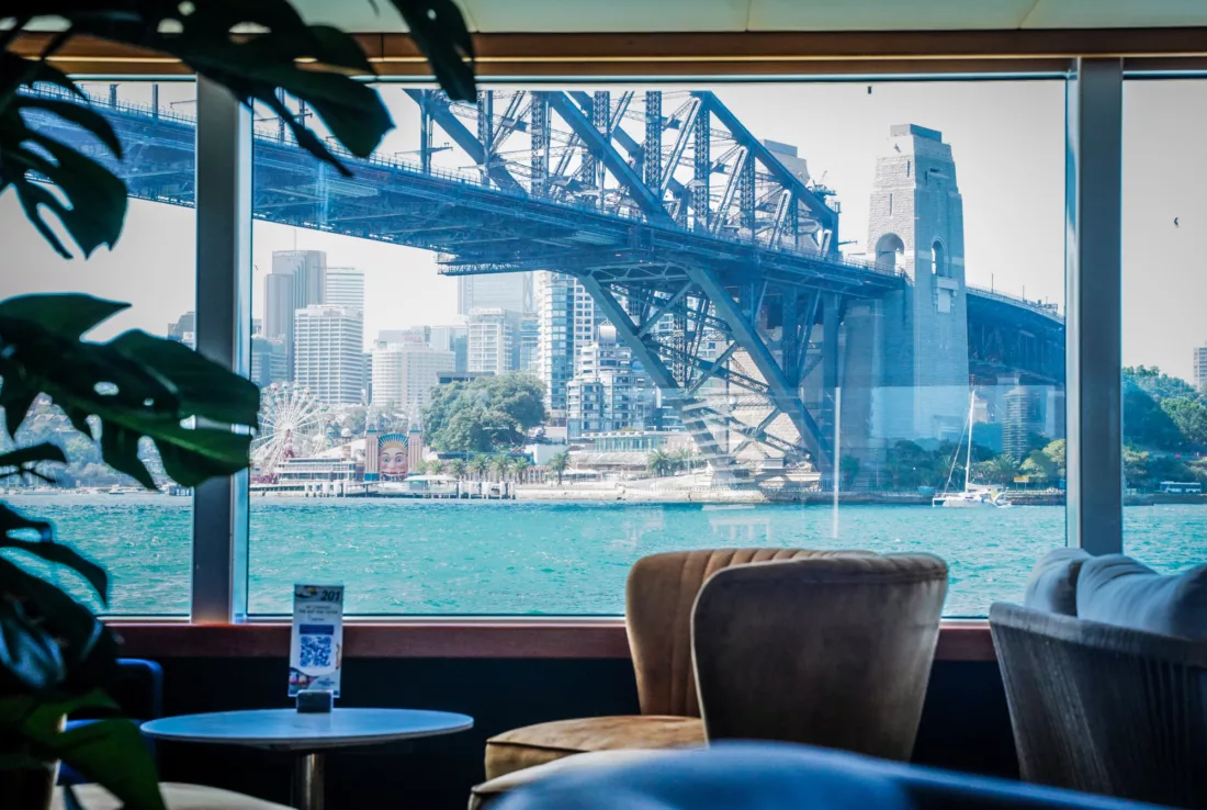Ocean Deck window lounge bar with Harbour Bridge in the background