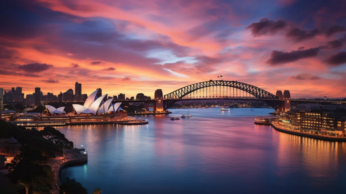 Harbour views, Opera House, Habour Bridge, twilight 3734 ST