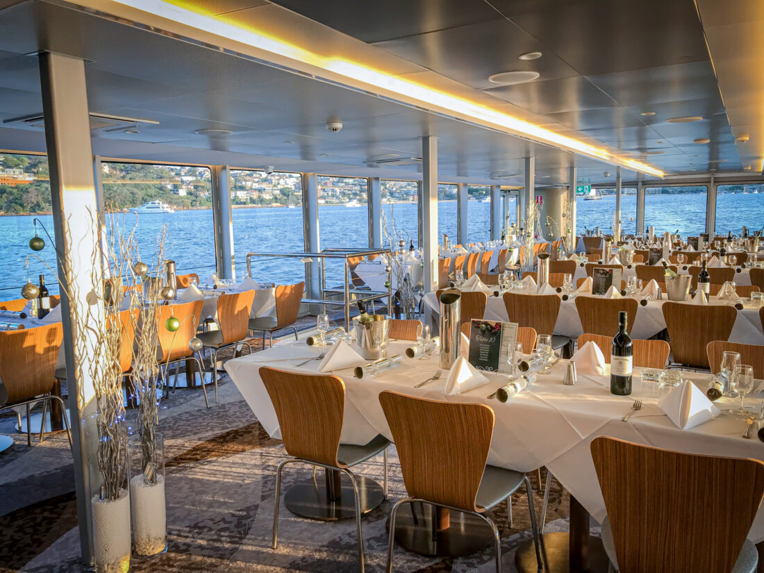 Captain Cook 3 CC3 boat interior set up for Christmas Party charter private event tables