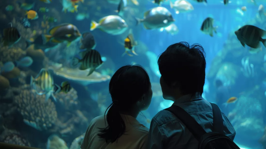 A couple of people are looking at fish in a tank. The woman has her hair in a ponytail