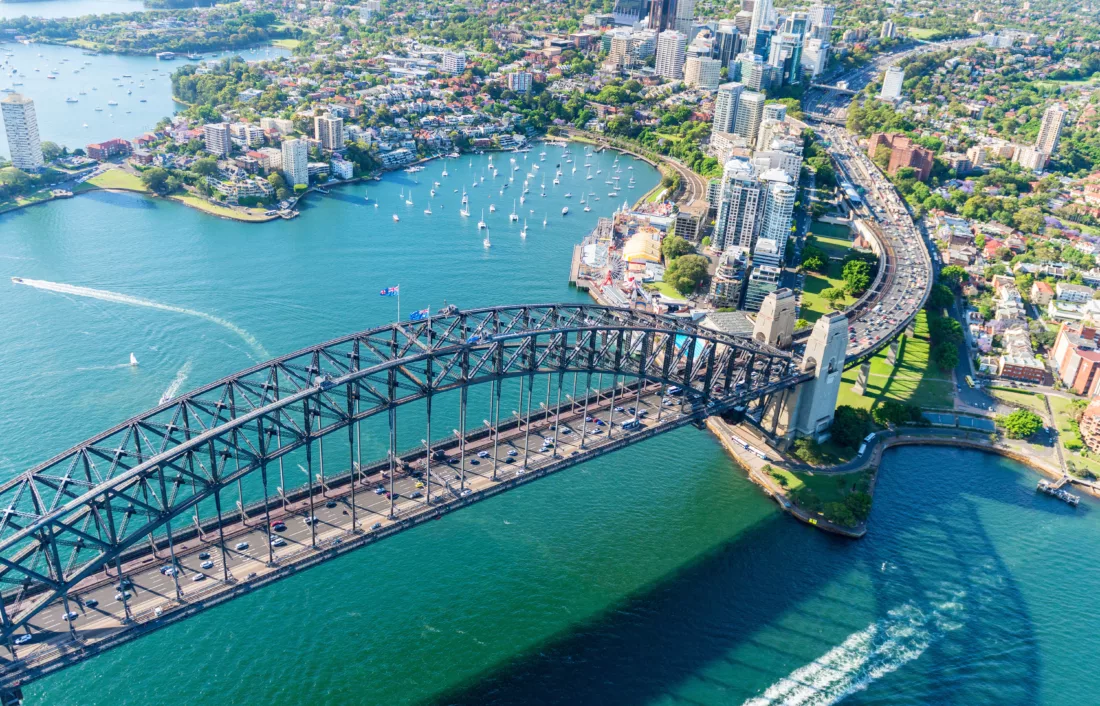 Sydney Harbour Bridge, helicopter view.