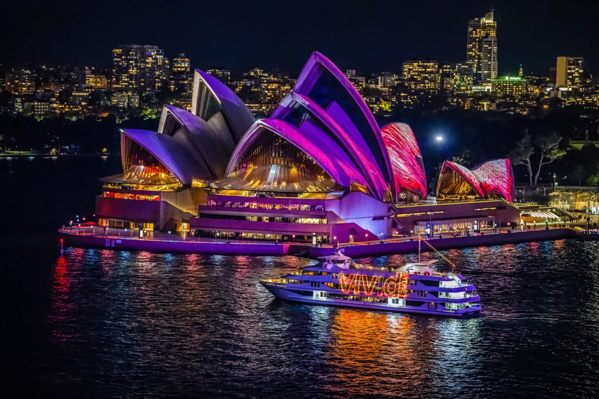 Special Event Vivid with Sydney 2000 cruising by the Opera House with lights on non-ccc dnsw
