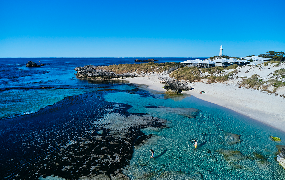 Couple swimming at the Basin, Rottnest Island, with Bathurst Lighthouse in the background