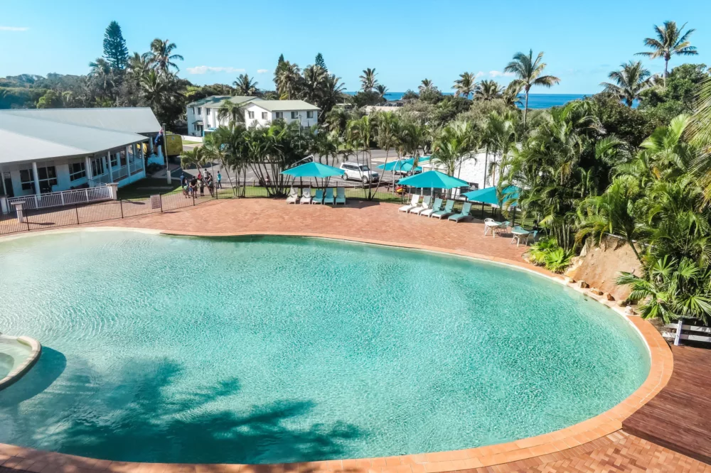 Pool with ocean in background, K'gari Beach Resort, K'gari (Fraser Island)