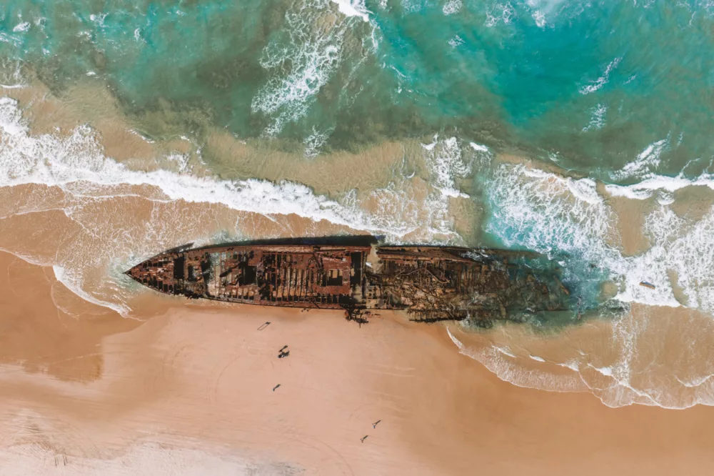 Aerial of Maheno Shipwreck on 75 Mile Beach, K'gari (Fraser Island)