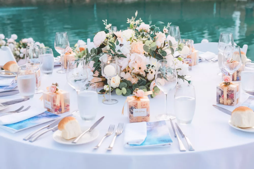 Wedding table decor by the pool at K'gari Beach Resort, K'gari (Fraser Island)