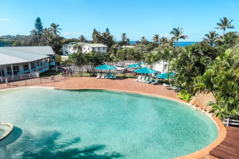 K'gari Beach Resort Pool with ocean in background, K'gari (Fraser Island)