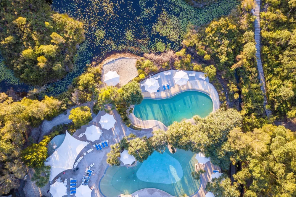 Pool aerial shot at Kingfisher Bay Resort, K'gari (Fraser Island)