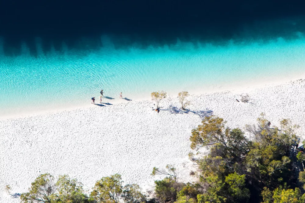 Aerial shot of Lake McKenzie on K'gari Fraser Island