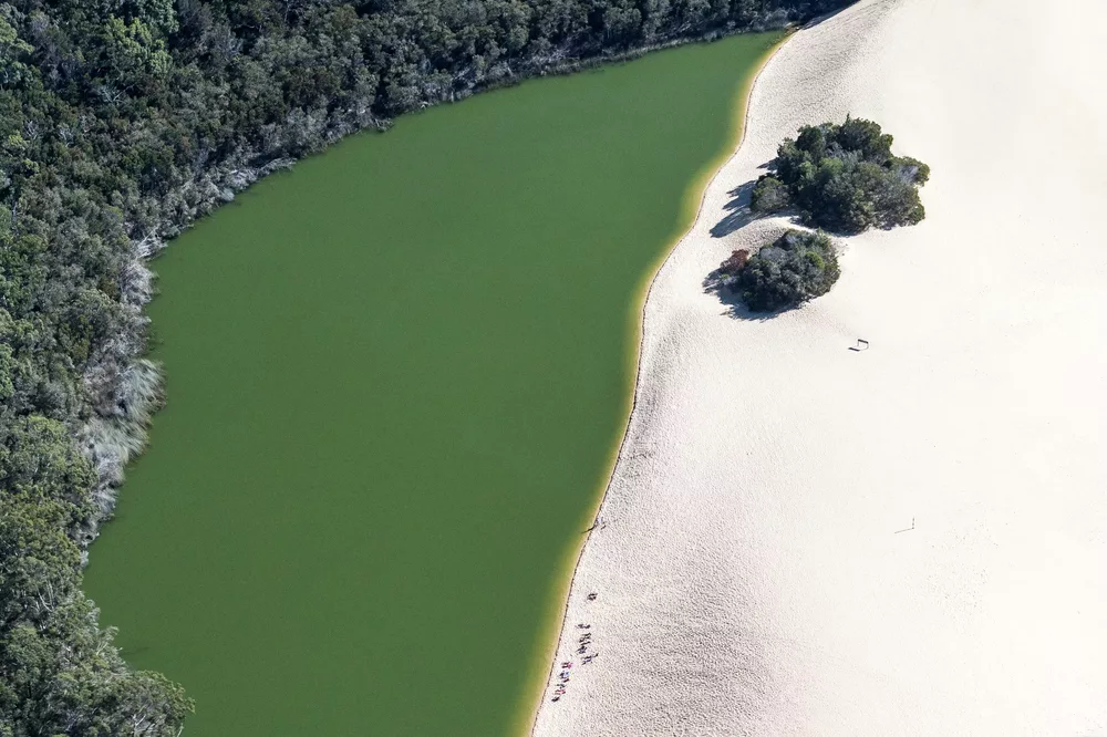 Aerial view of Lake Wabby showing the emerald green water