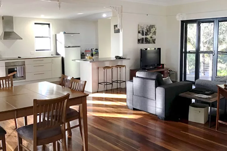 Interior living area of the Scribbly Gum Holiday House at Kingfisher Bay Resort