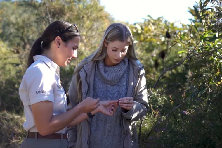 Ranger explains K'gari Fraser Island ecosystem to a guest of Kingfisher Bay Resort