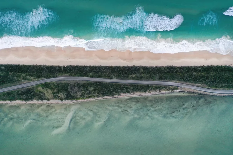 An aerial shot of Bruny Island beach