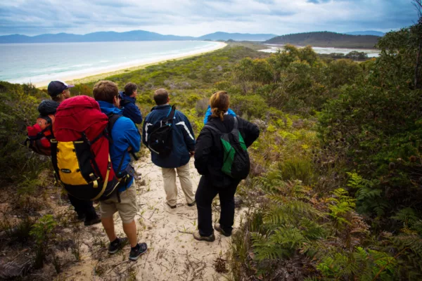 A group of hikers enjoy the view from a hiking trail on Bruny Island