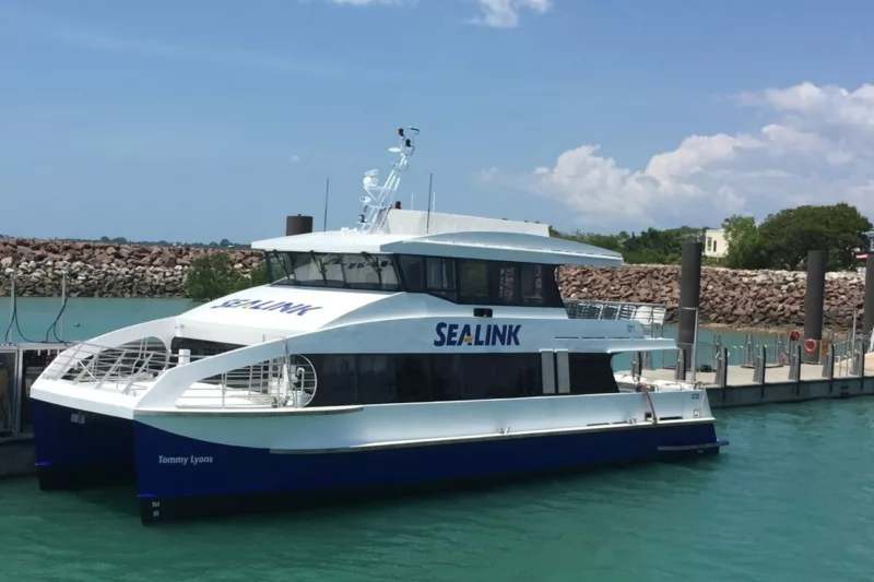 An image of a white ferry at the harbour