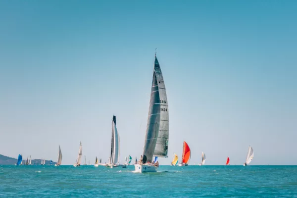 A row of yachts positioned on the shoreline, ready for the race.