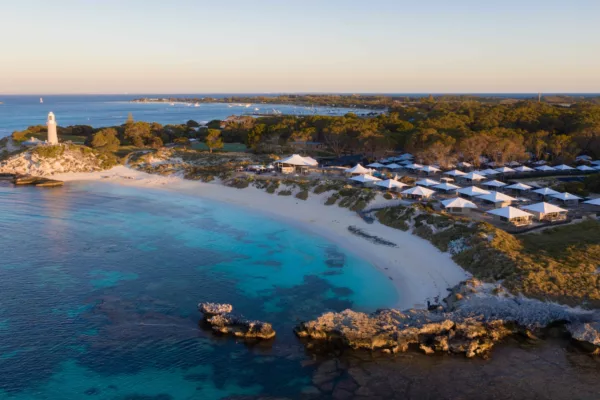 Discovery Resorts - Rottnest Island exterior tents with bathurst lighthouse in the background