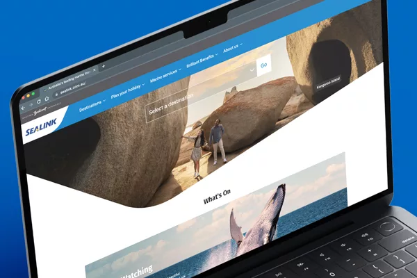 A screengrab of a website on the laptop screen against blue background