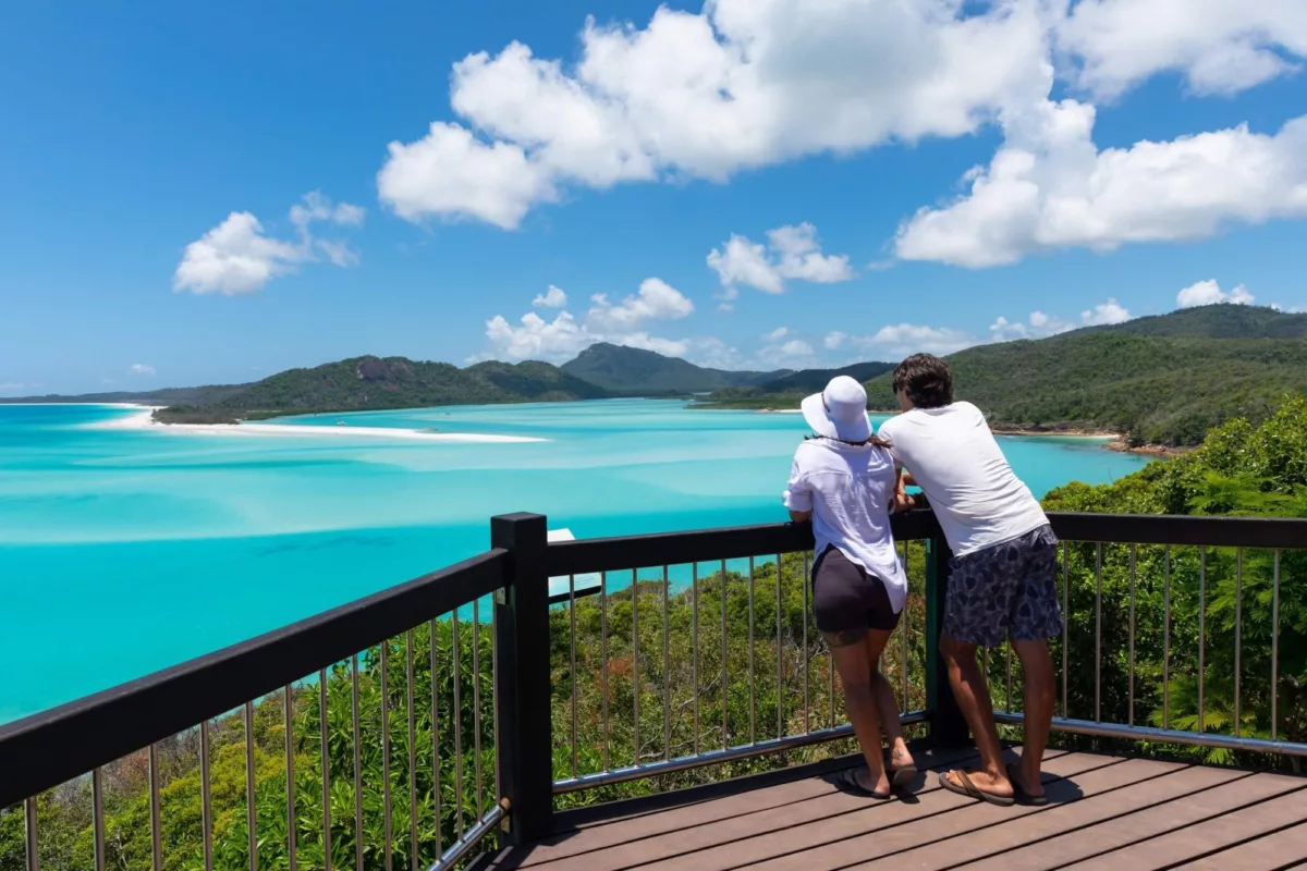 Tourists admiring the view from Hill Inlet Lookout