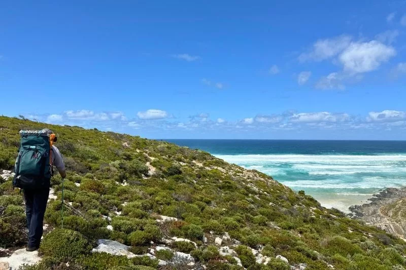 Person walking trail along the coast