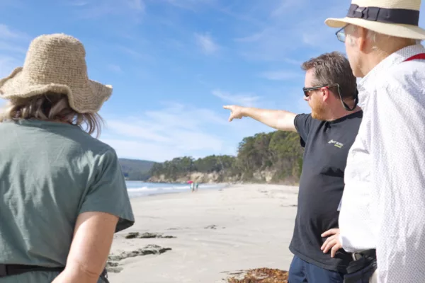 Bruny Safaris tour guide pointing out a feature on the horizon to two visitors standing on the beach