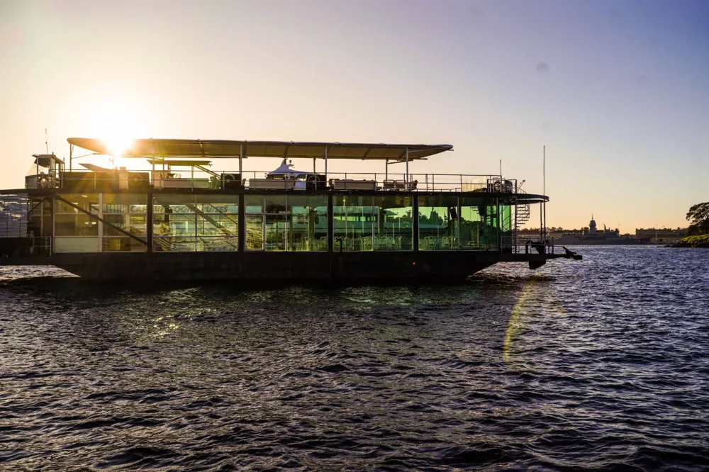 Starship Aqua on Sydney Harbour at sunset