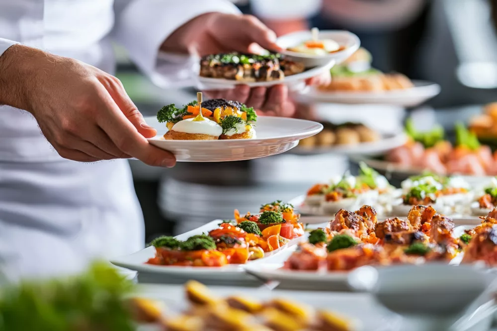 hands of a waiter prepare food for a buffet table in a restaurant. caterer arranges array of appetizers on a serving table. professional catering event with an emphasis on presentation and variety. --ar 16:9 --v 6.1 Job ID: 6f5a7f34-af9c-4343-a4a8-0def3181306e
