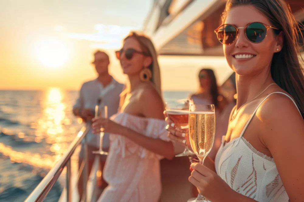 A group of friends on a yacht, drinking champagne and smiling. Beautiful women in white dresses with sunglasses holding glasses of wine or beer standing at the edge of the boat deck with an ocean view behind them. The yacht interior is in a blurred background. It is a sunny day with golden hour light. The photo has a realistic style in the style of a photo. --ar 61:30 --style raw Job ID: e67186da-bc59-487c-baf7-8642a8d33819